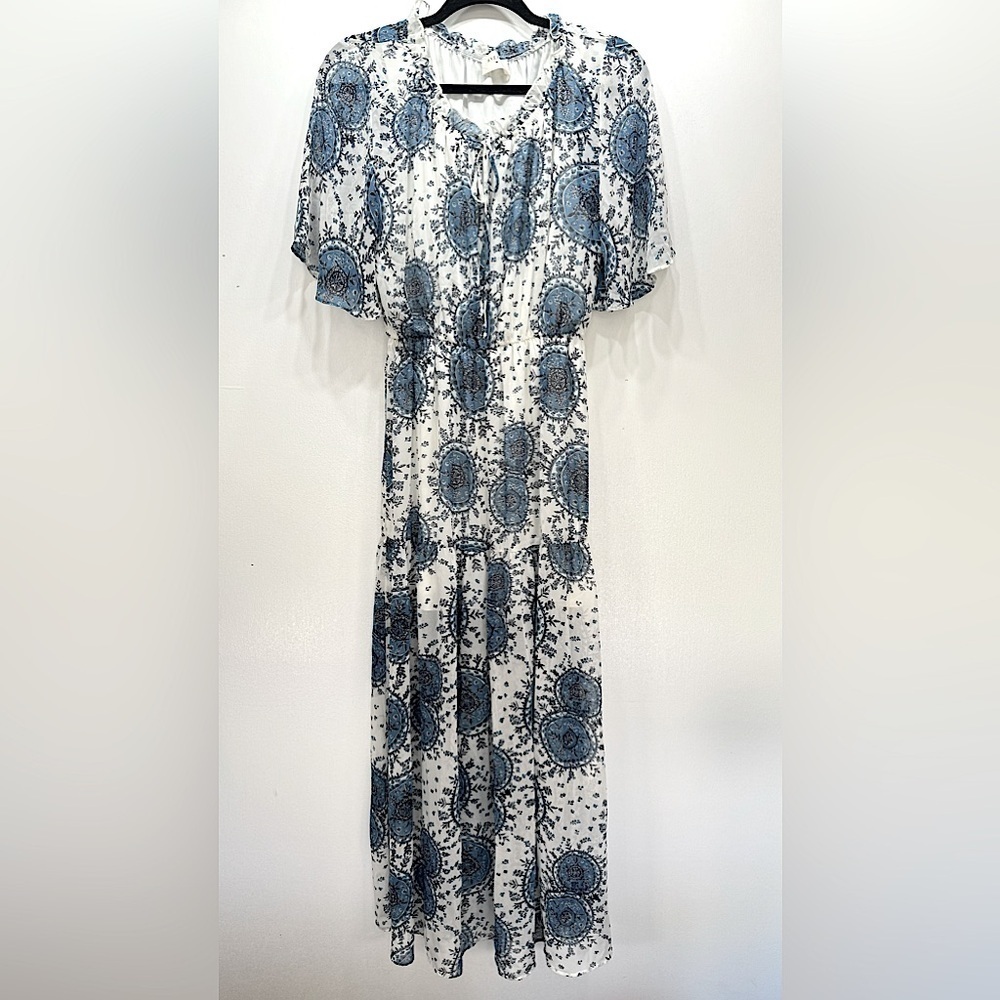 Ivory & Blue Medallions Dress Flutter Sleeve Sheer Overlay ModCloth Everly Boho